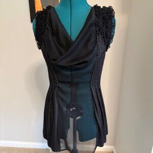 Black Sheer, Draping Neck Top with Gold Threading - Sz M
